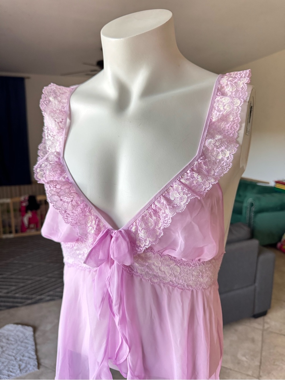 Victoria's Secret Light Purple Lace-Trim Chiffon Babydoll with Front Bow